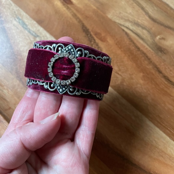 Victorian Steampunk Maroon Velvet & Metal Cuff - Picture 2 of 15